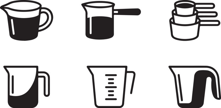 Six black and white measuring and pouring kitchen tools icon set Vector