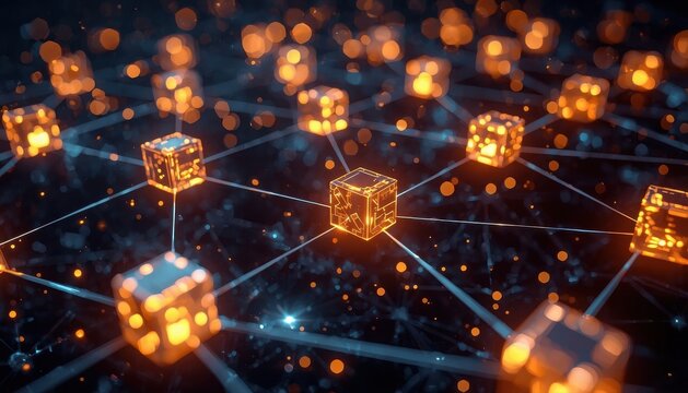 Glowing orange cube network representing blockchain and data processing with blockchain technology connection communication infrastructure geometric structure internet computing abstract
