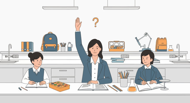 Student raising hand in science class with classmates.
