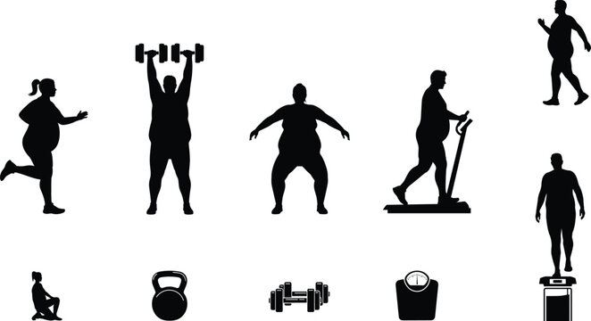 Weight loss journey and fitness training solid glyph icon set featuring plus size people exercising with dumbbells kettlebell treadmill scales and workout equipment vectors