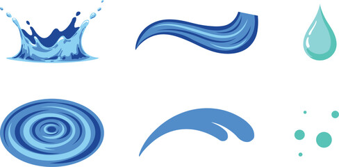 Naklejka premium Water splash and liquid ripple vector illustration collection with drops wave flows and blue bubbles isolated on a white background