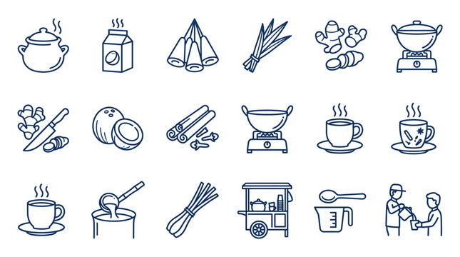 Asian street food cart and kitchen staple icons.