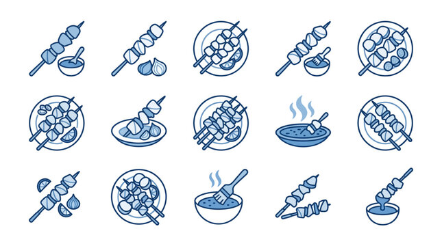 Assorted meat satay and skewer line icons set.