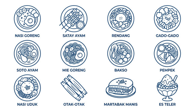 Circular frame Indonesian food vector icon collection.