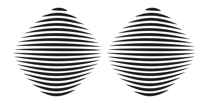 Abstract geometric shape with horizontal black lines forming a distorted sphere or oval pattern.