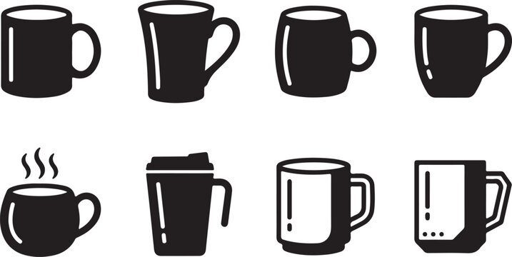 Set of eight different coffee mug icons with varying styles and contents Vector