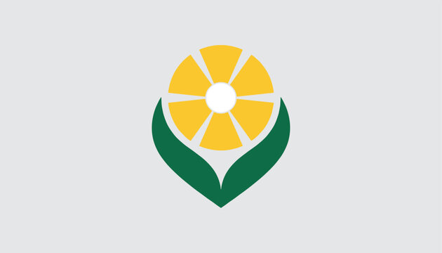 Minimalist logo design of a stylized yellow flower with white center cradled by two green leaves on light gray background.