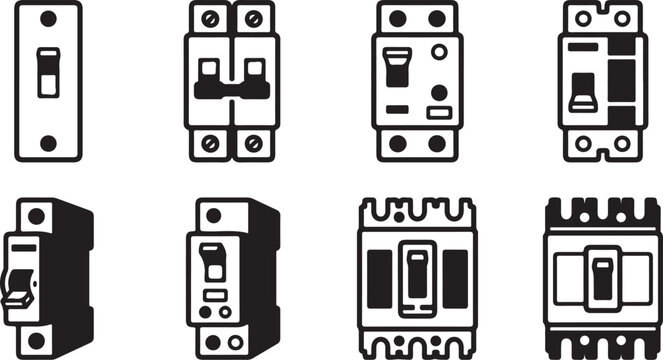 Set of eight electrical circuit breakers and switches in black and white Vector