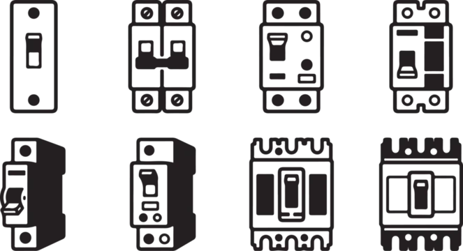 Set of eight electrical circuit breakers and switches in black and white Vector