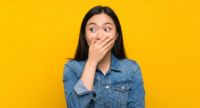 Surprised young asain woman with hand to face looking aside on bright yellow background expressing shock and playful secrecy