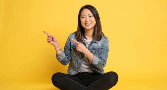 Smiling young asian woman sitting cross-legged on bright yellow background pointing to the side in casual outfit with tattoo and relaxed confident pose