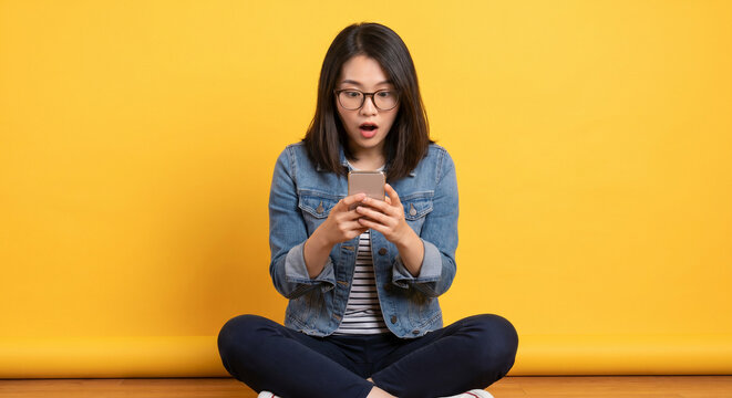 Surprised young asian woman sitting cross-legged with smartphone against vibrant yellow background, casual outfit and expressive reaction