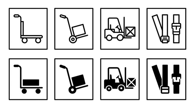 Industrial warehouse and logistics equipment icon set featuring forklifts and handtrucks logistics warehouse forklift