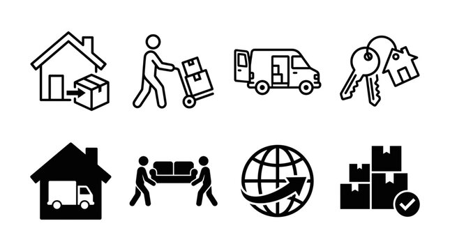Residential moving and relocation services icon set for real estate and logistics with relocation delivery furniture