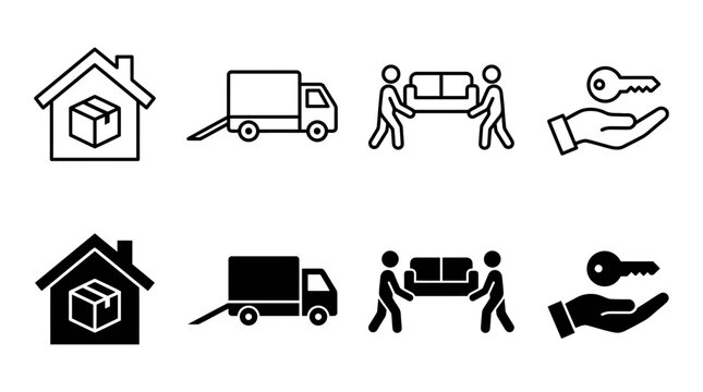 Household moving and relocation concept icon set featuring delivery trucks and keys relocation furniture delivery