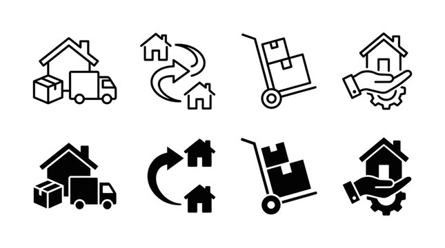 Residential relocation and house moving icon set illustrating transportation cartons and home property services