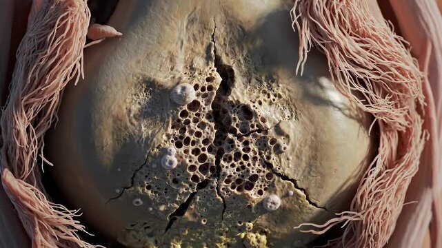 Extreme macro view of joint region where tissue density thins and structural integrity deteriorates over time, illustrating degeneration, damage progression, and vulnerability in biomechanical system