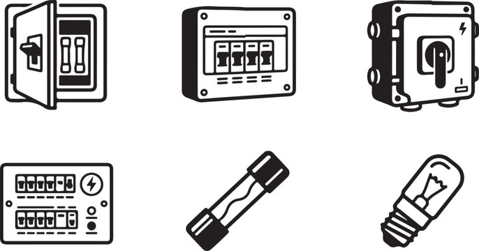 Set of six electrical icons including circuit breaker, fuse box, switch, and light bulb Vector