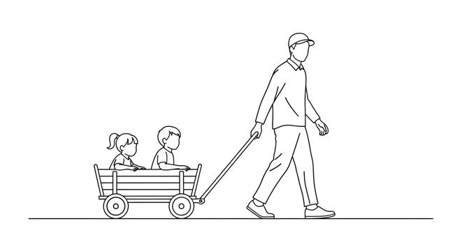 Man pulling wagon with two children inside.