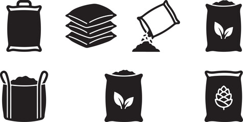 Six different types of compost and fertilizer bags with soil pouring icon Vector © Rohan