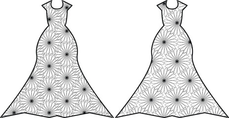Elegant formal dress outline fashion illustration displaying two creative variations of detailed radiating starburst motif and ornamental circular fills © FashionWear Studio