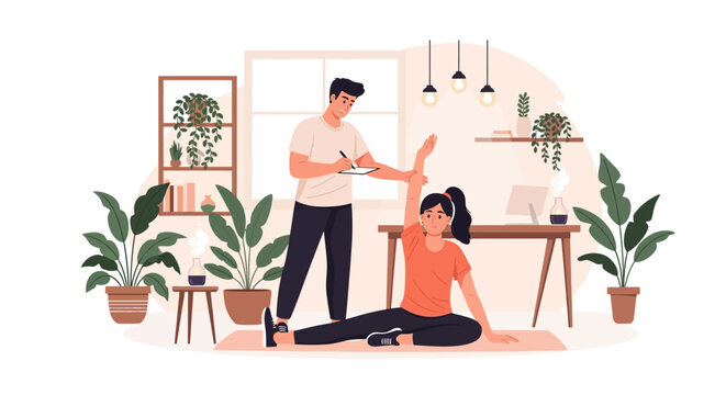 Physical therapist assisting woman with arm exercise in bright room.