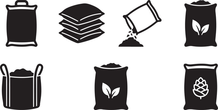 Six different types of compost and fertilizer bags with soil pouring icon Vector
