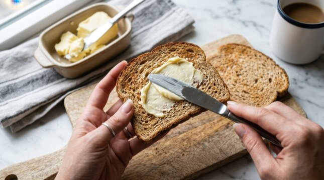 Close-up of person hands spreading fresh creamy butter on toasted whole grain bread for breakfast on a wooden board with coffee and marble background.