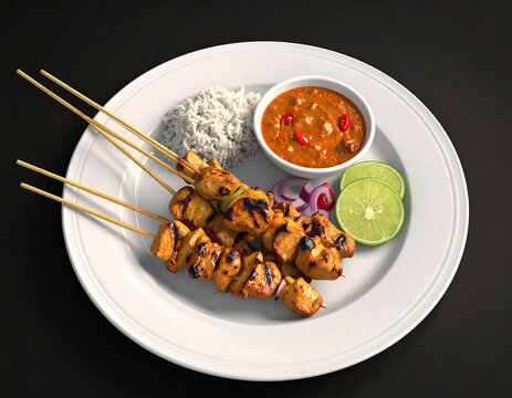 Seporsi sate ayam sate kambing sate sapi yang disajikan dengan nasi putih bumbu kacang dan acar | Delicious satay chicken beef lamb served with rice and vegetables