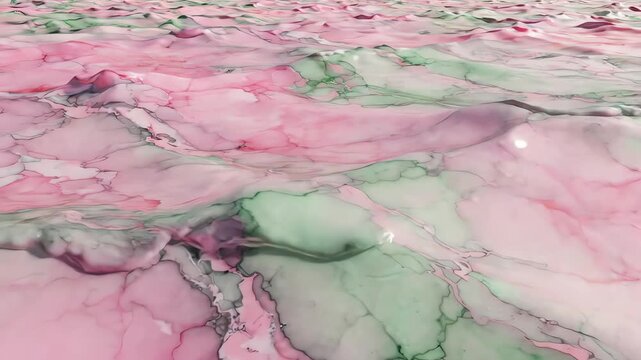 Abstract soft pink and green watercolor background with marble texture flowing in fluid waves from a low angle perspective