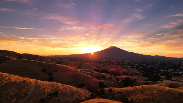 Cinematic aerial drone sweep across golden rolling hills of San Ramon showing a vibrant sunset glow behind Mount Diablo silhouette