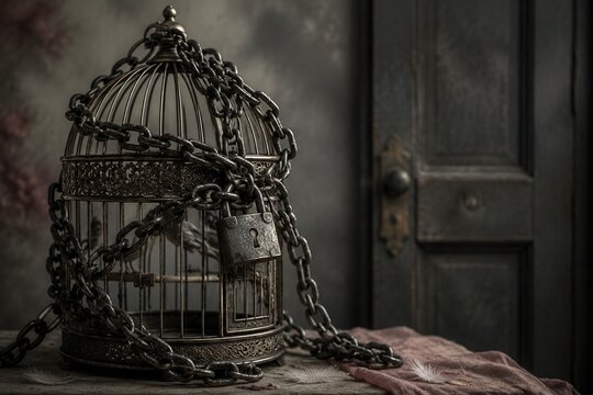 Heavy iron chains securing a delicate birdcage against a soft background, symbolic of confinement.
