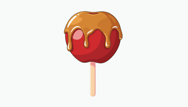 Delicious red caramel apple candy on a wooden stick with dripping golden sweet glaze isolated on a white background.