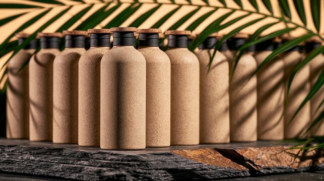 Sustainable Textured Chitosan-Starch Conditioner Bottle, Eco-Friendly Biodegradable Hair Care Container on Natural Stone Pedestal