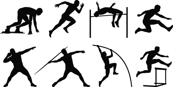 Track and field athletes silhouettes set featuring sprinting hurdles high jump javelin throw and pole vault