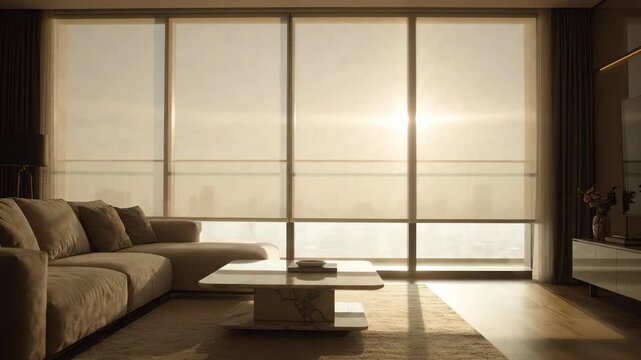 Cinematic shot of automatic roller blinds descending smoothly in a modern luxury apartment living room during a bright sunny afternoon