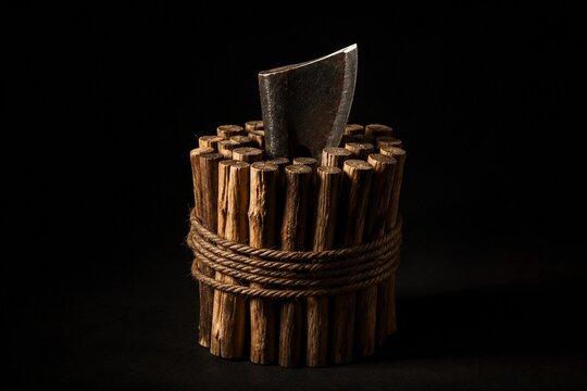 A bundle of wooden rods bound together with an axe blade emerging.