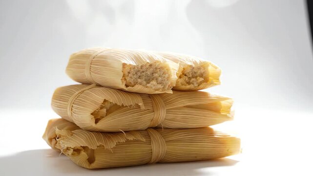 Cinematic shot of steaming handcrafted tamales wrapped in corn husks on a clean white background