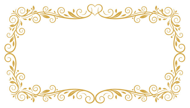 Elegant gold vintage ornamental rectangular border frame with a delicate heart scroll isolated on a white background.