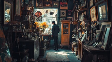 Obraz premium Man stands alone inside a cluttered antique shop filled with framed artwork and vintage collectibles.