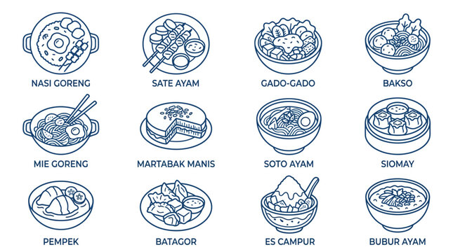 Indonesian food icon set with specific dish labels