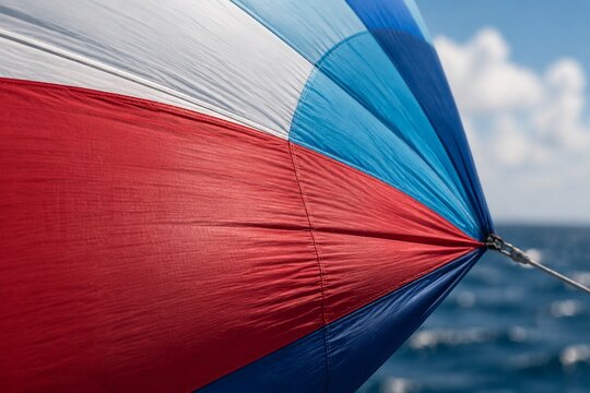 Close-up of taut spinnaker sail fabric bulging under strong wind.