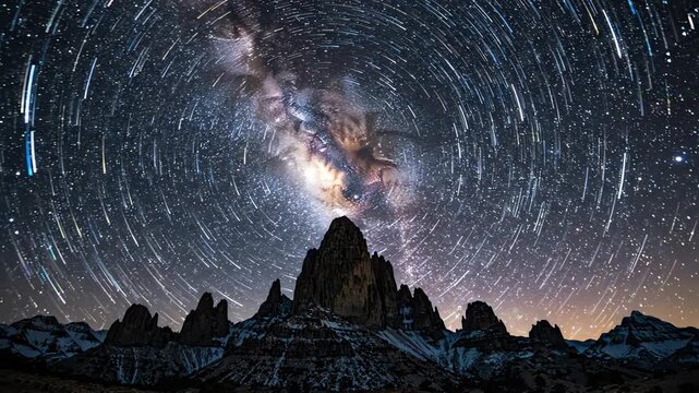 Cinematic time lapse of the Milky Way galaxy rotating above a jagged mountain peak during a clear starry night