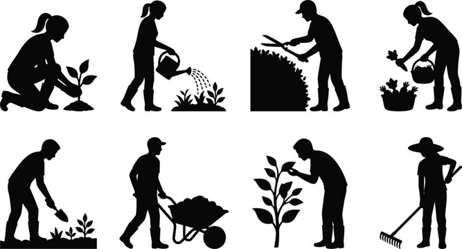 Gardening and farming silhouette icons set featuring people planting watering trimming bushes and harvesting crops