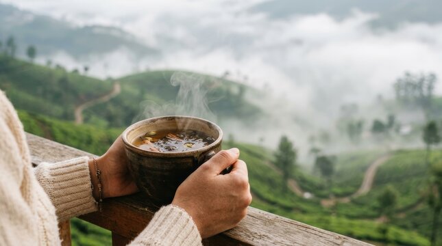 Person holding steaming cup of tea overlooking misty green hills in offbeat India destinations with peaceful and calming vibes