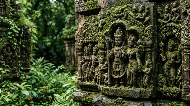 Ancient moss covered stone carvings depict deities in lush green forest, showcasing offbeat India destinations rich in history and culture