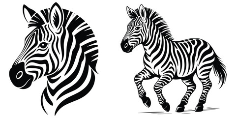 Obraz premium Zebra Head and Running Foal Vector Set, African Wildlife Zebra, Decorative Head Silhouette and Trotting Foal Black White, Monochrome African Safari Animal