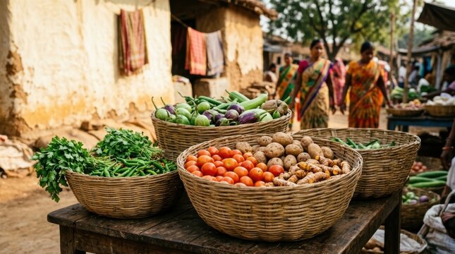 Fresh vegetables in baskets at offbeat india destinations market with vibrant colors and lively local women in traditional attire walking nearby