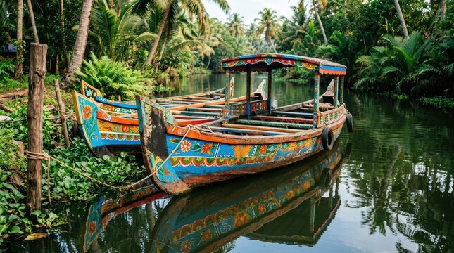 Colorful traditional boat calm water surrounded by lush green palm trees offbeat India destinations with peaceful natural beauty and vibrant