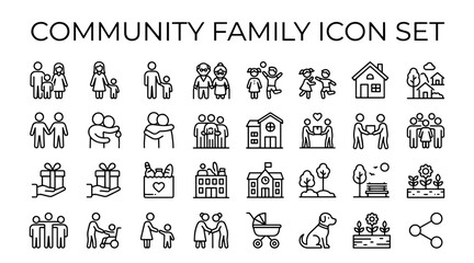 A collection of simple line art icons depicting families, community buildings, and social interactions.